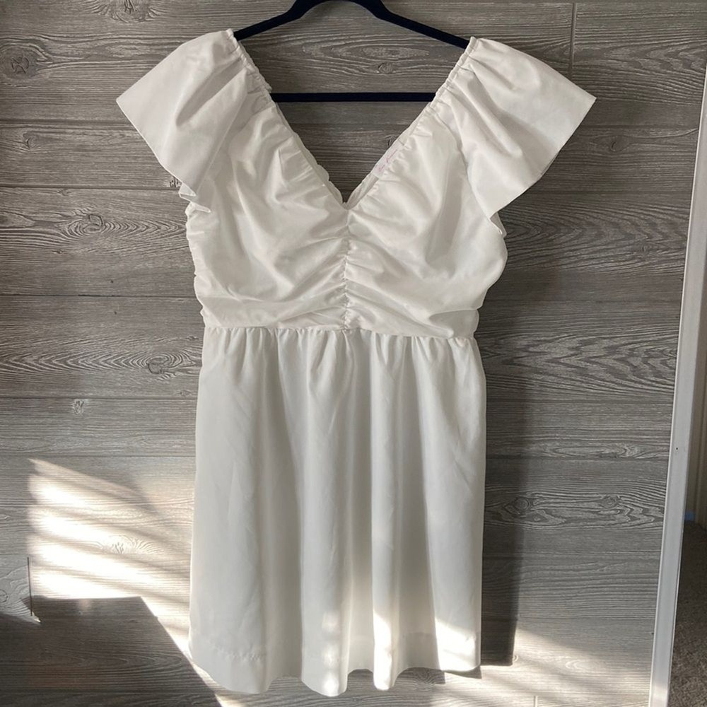 Ces Femme White Ruffle V Neck Gathered Waist Midi Dress Women's Size L